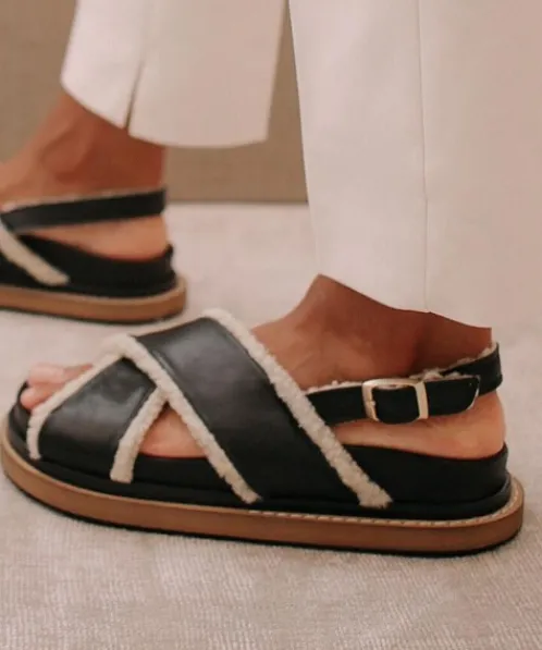 ALOHAS Sandals>Marshmallow Sandal Black Leather with Shearling