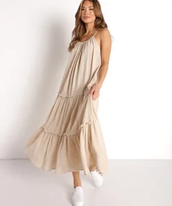 Lusana Dresses>Beach Gold Stella Maxi Dress Straw