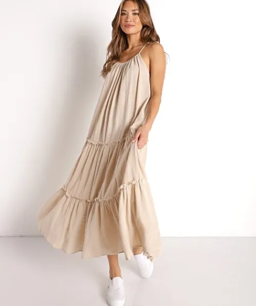 Lusana Dresses>Beach Gold Stella Maxi Dress Straw