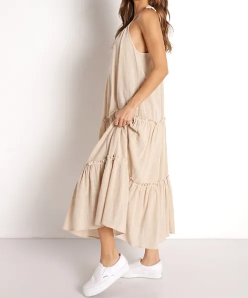 Lusana Dresses>Beach Gold Stella Maxi Dress Straw