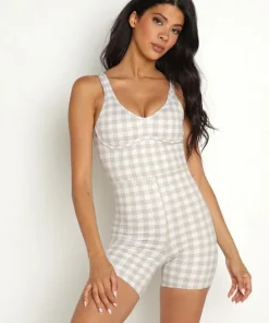 Beach Riot Bodysuits>Jada Onesie Taupe Houndstooth