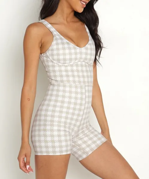 Beach Riot Bodysuits>Jada Onesie Taupe Houndstooth