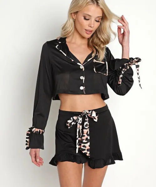 Beach Riot Sleep Shirts>Luna Blouse Black Spotted Leopard