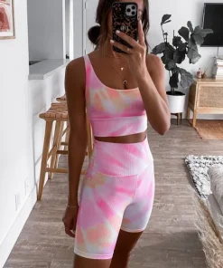 Beach Riot Bottoms>Ribbed Bike Short Pink Orange Tie Dye
