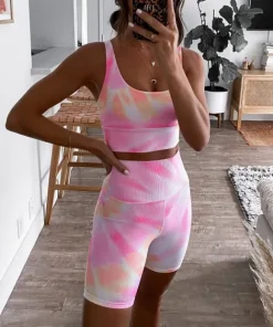 Beach Riot Bottoms>Ribbed Bike Short Pink Orange Tie Dye