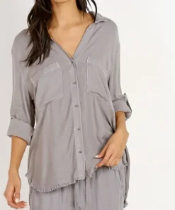 Bella Dahl Tops>Two Pocket Fray Hem Shirt Stone Grey