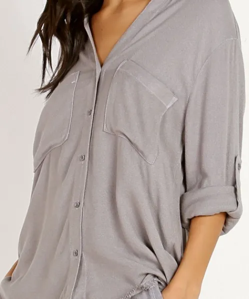 Bella Dahl Tops>Two Pocket Fray Hem Shirt Stone Grey