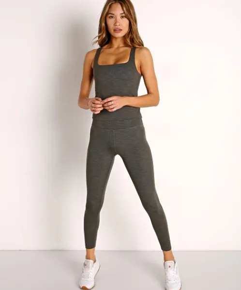 Beyond Yoga Bottoms>Heather Rib High Waisted Midi Legging Smoke Grey