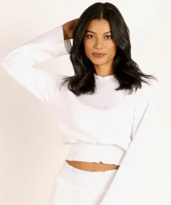 Beyond Yoga Knits>Let's Smock About It Cropped Hoodie White