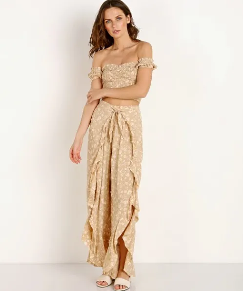 Blue Life Tops>Secret Crush Smocked Top Blushing Gardens Taupe