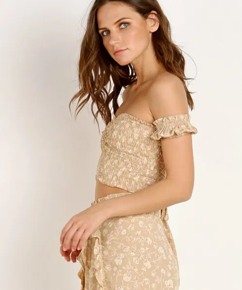 Blue Life Tops>Secret Crush Smocked Top Blushing Gardens Taupe