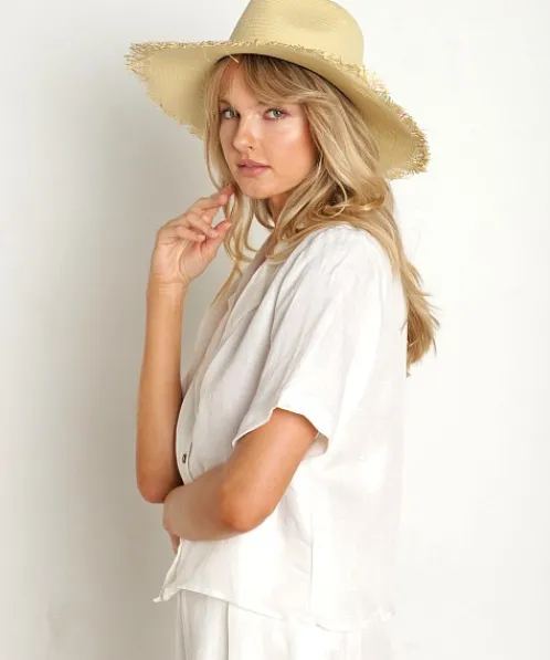Brixton Accessories>Jo Straw Frayed Fedora Honey