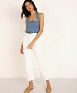 Capulet Tops>Penelope Smocked Crop Top Classic Denim
