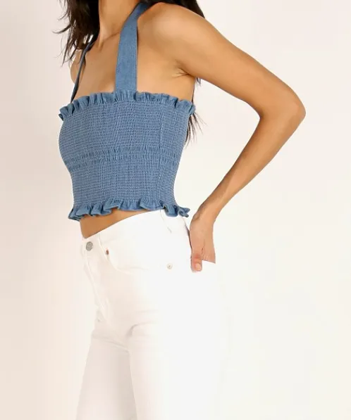 Capulet Tops>Penelope Smocked Crop Top Classic Denim