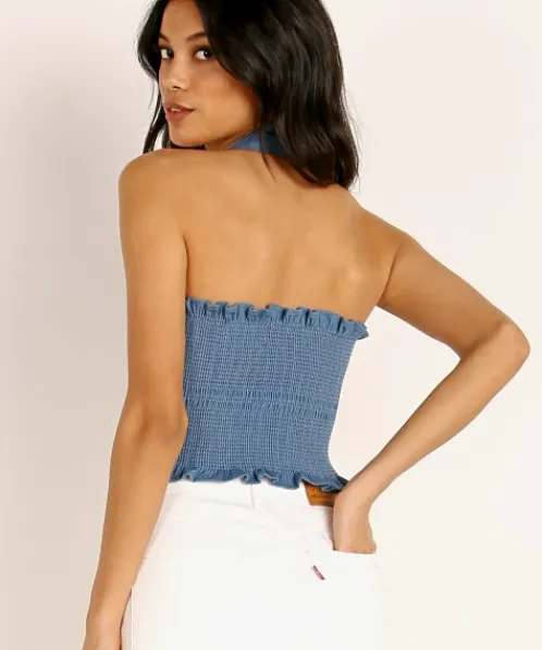 Capulet Tops>Penelope Smocked Crop Top Classic Denim