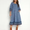 Cleobella Dresses>Eva Midi Dress Lapis Block Print