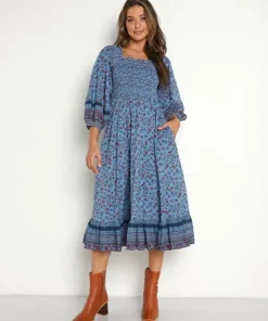 Cleobella Dresses>Eva Midi Dress Lapis Block Print