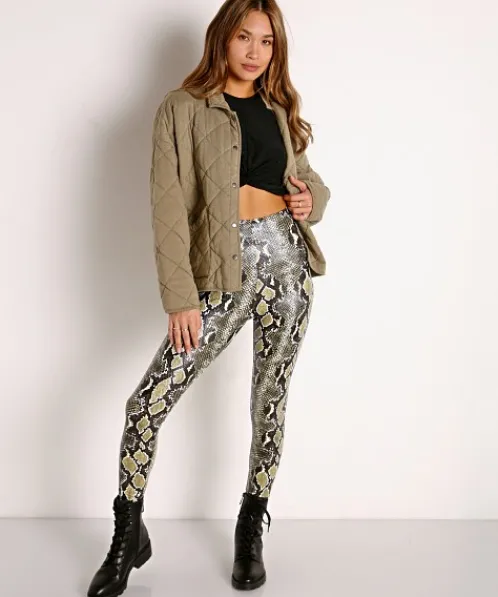 Commando Pants>Faux Animal Legging with Control Olive Snake