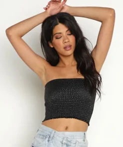Commando Tops>Faux Leather Smocked Tube Top Black