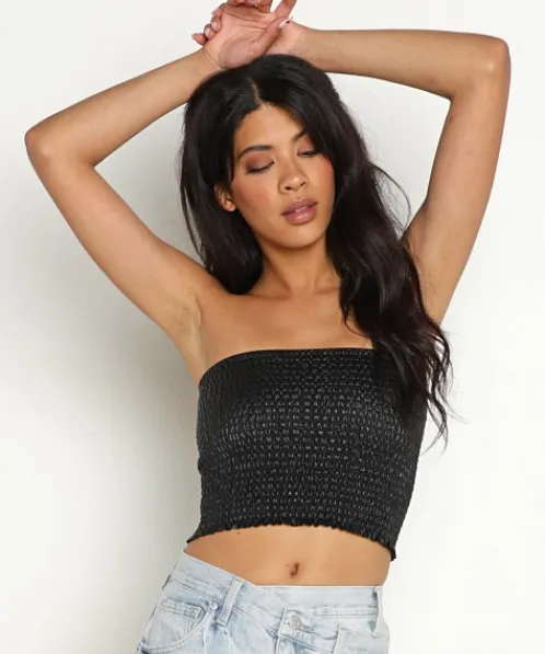 Commando Tops>Faux Leather Smocked Tube Top Black