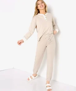 DONNI. Tops>Duo Henley Long Sleeve Stone + Creme