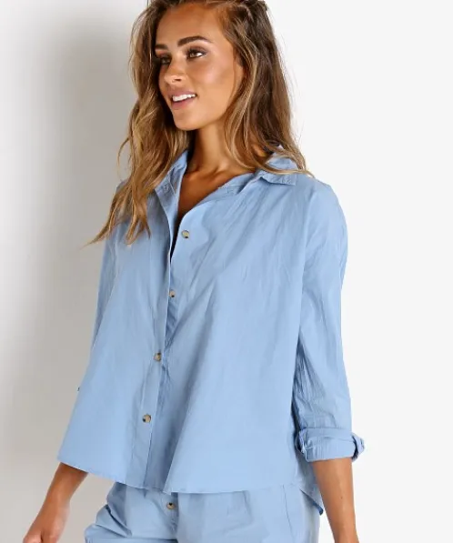 DONNI. Tops>Pop Shirt Denim + Tortoise Buttons
