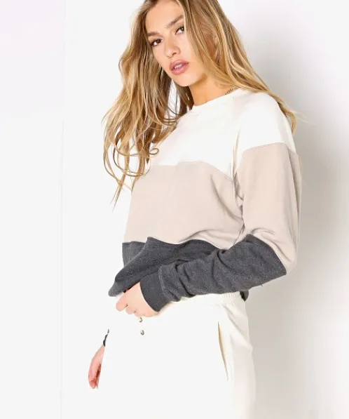 DONNI. Knits>Vintage Fleece Tri-Crew Sweatshirt Creme/Stone/Charcoal