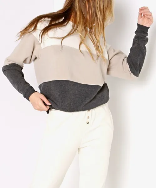DONNI. Knits>Vintage Fleece Tri-Crew Sweatshirt Creme/Stone/Charcoal
