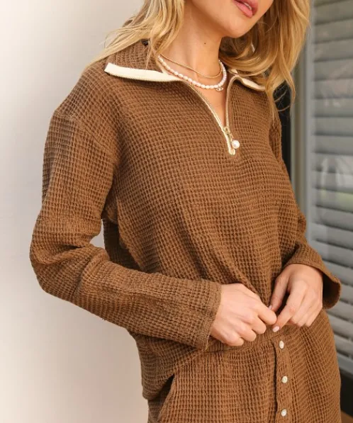 DONNI. Knits>Waffle 1/2 Zip Pullover Coco