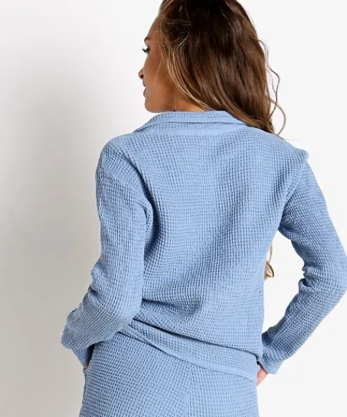 DONNI. Knits>Waffle 1/2 Zip Pullover Denim + Freshwater Pearl