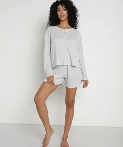 Eberjey Pj Sets>Cozy Waffle Henley Long Sleeve Short PJ Set Grey Stone
