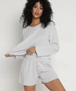 Eberjey Pj Sets>Cozy Waffle Henley Long Sleeve Short PJ Set Grey Stone