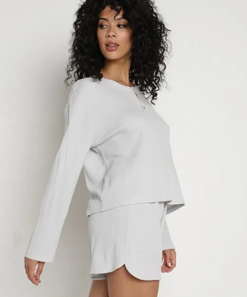 Eberjey Pj Sets>Cozy Waffle Henley Long Sleeve Short PJ Set Grey Stone