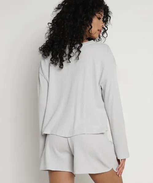 Eberjey Pj Sets>Cozy Waffle Henley Long Sleeve Short PJ Set Grey Stone