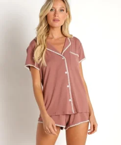 Eberjey Pj Sets>Frida Whip Stitch Short PJ Set Hazelnut/Bone