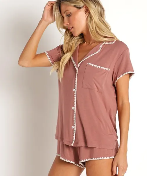 Eberjey Pj Sets>Frida Whip Stitch Short PJ Set Hazelnut/Bone
