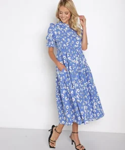 En Saison Dresses>Floral Print Linen Midi Dress Blue