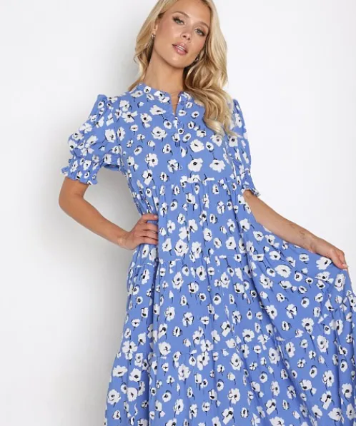 En Saison Dresses>Floral Print Linen Midi Dress Blue