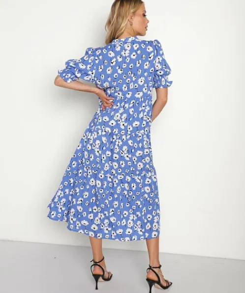 En Saison Dresses>Floral Print Linen Midi Dress Blue