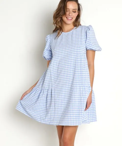 En Saison Dresses>Format Mini Dress Blue Gingham
