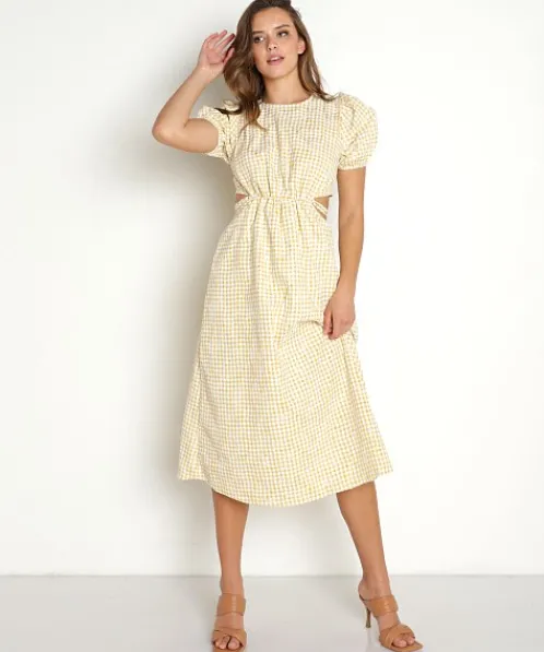 En Saison Dresses>Kanika Embroidered Gingham Midi Dress Yellow