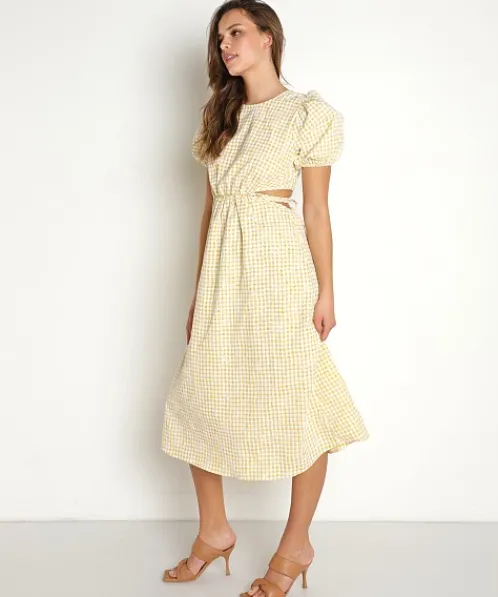 En Saison Dresses>Kanika Embroidered Gingham Midi Dress Yellow