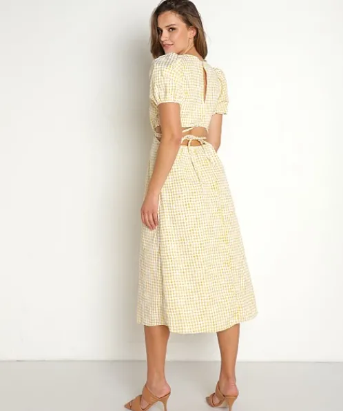 En Saison Dresses>Kanika Embroidered Gingham Midi Dress Yellow