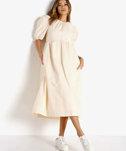 En Saison Dresses>Poplin Midi Dress Natural