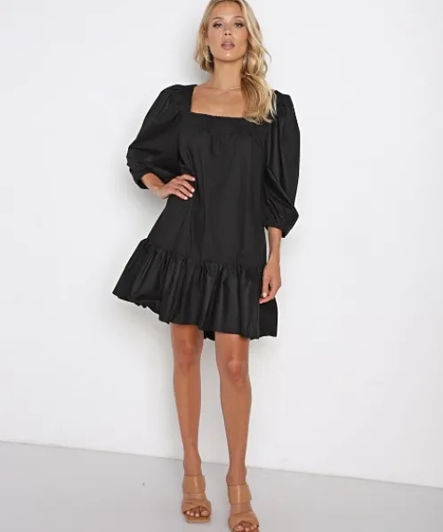 En Saison Dresses>Poplin Square Neck Mini Dress Black