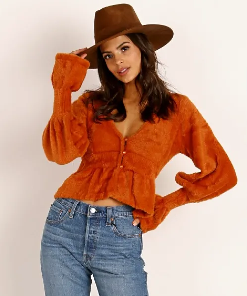 For Love & Lemons Knits | Tops>For Love & Lemons Chateau Mohair Peplum Cardigan Caramel