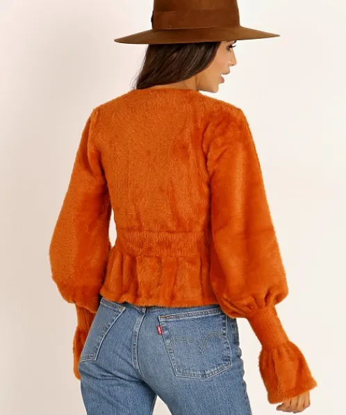 For Love & Lemons Knits | Tops>For Love & Lemons Chateau Mohair Peplum Cardigan Caramel