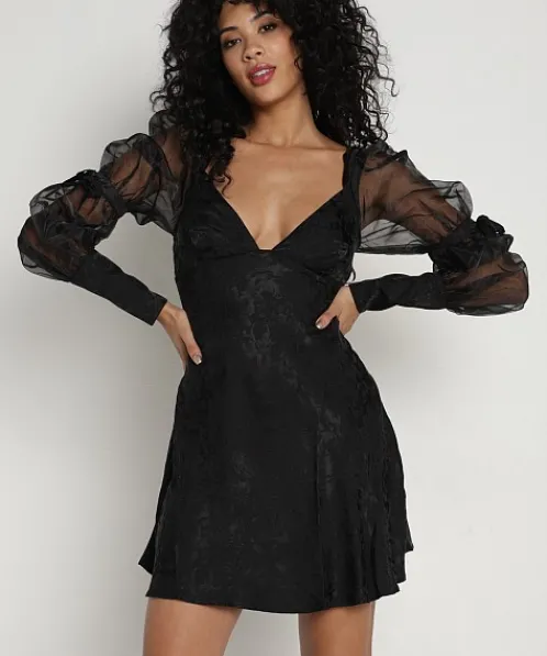 For Love & Lemons Dresses>For Love & Lemons Gabrielle Puff Sleeve Mini Dress Black
