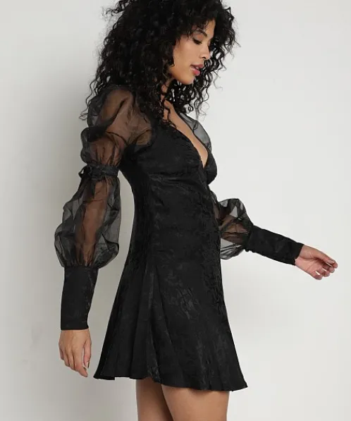 For Love & Lemons Dresses>For Love & Lemons Gabrielle Puff Sleeve Mini Dress Black