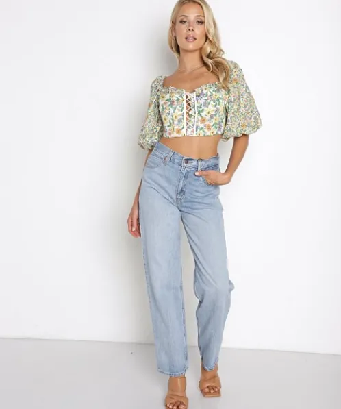 For Love & Lemons Tops>For Love & Lemons Riley Top Green Floral